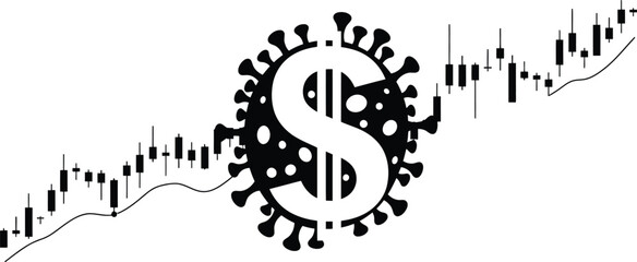 Vector illustration depicting the stark impact of a virus outbreak on the global economy, symbolized by a merging virus cell and a dollar sign, representing financial crisis and economic recession.
