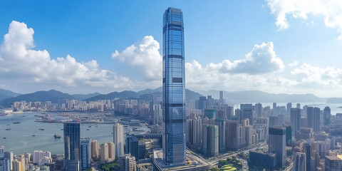 Obraz premium Modern City Skyline with Skyscrapers under Blue Sky and White Clouds