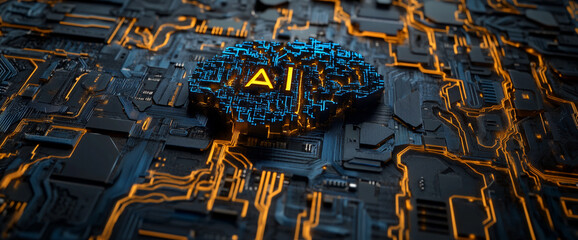 Digital brain is displayed with artificial intelligence text glowing on a technological background.