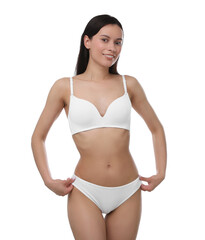 Obraz premium Beautiful woman with perfect slim body on white background