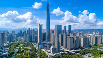 Obraz premium Modern City Skyline with Skyscrapers under Blue Sky and White Clouds