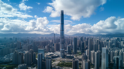 Fototapeta premium Modern City Skyline with Skyscrapers under Blue Sky and White Clouds