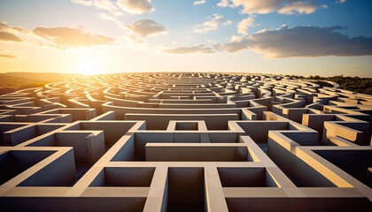 Minimalist Maze Structure Under Clear Blue Sky – Concept of Complexity and Decision