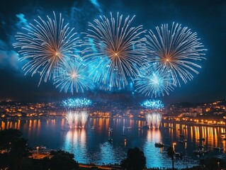 Vibrant Blue and White Fireworks Display over City Lights and Reflecting Water at Night
