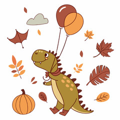 Vector illustration of a Excited Dinosaur with floating with balloons, styled in a Autumn theme using Autumn Leaves colors