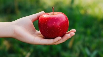 Child's hand holding a red apple