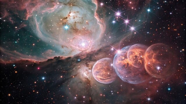 Visualize a breathtaking chamber embedded within a stellar nebula where new planets are being formed inside glowing energy cocoons