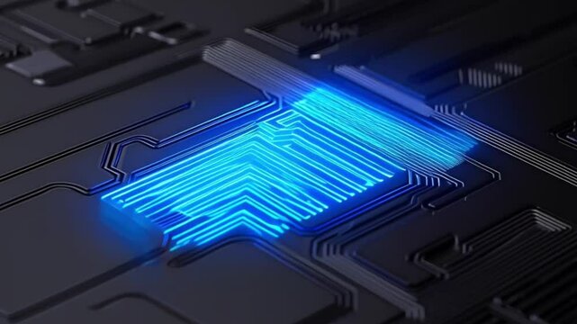 Sebuah video chip pengolahan AI terintegrasi ke papan sirkuit berteknologi tinggi. Chip bersinar dengan garis neon biru yang menunjukkan transfer data, generative AI