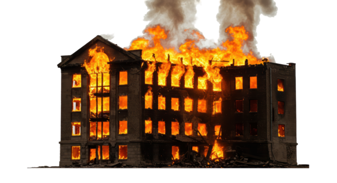 Isolated Building Engulfed in Flames and Smoke