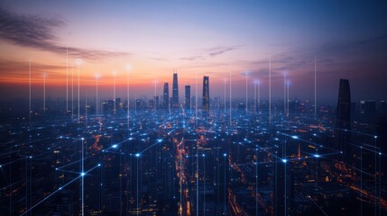 Fototapeta premium Cityscape at dawn with digital connections (1)