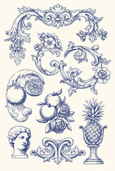 Set of Vintage Baroque Victorian element floral ornament leaf scroll engraved retro flower pattern decorative design. Vector damask patterns with flourishes calligraphic engraved ink style.