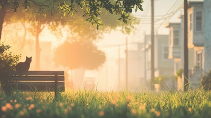cat in summer office A solitary black cat sits on a park bench in the warm glow of a sunny morning in a quiet neighborhood.