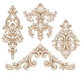 Set of Vintage Baroque Victorian element floral ornament leaf scroll engraved retro flower pattern decorative design. Vector damask patterns with flourishes calligraphic engraved ink style.