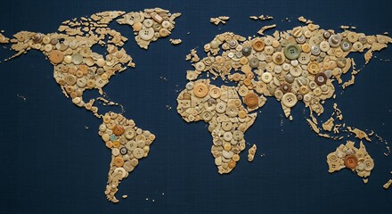 World Map Crafted from Vintage Buttons: A Global Tapestry of Textile History