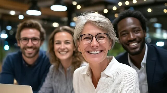 High-energy brainstorming scene with laptops open, tablets on the side, group of women and men smiling, coding together with purpose