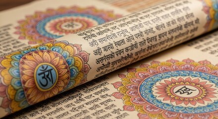 Intricate sanskrit manuscript with colorful mandalas and om symbol