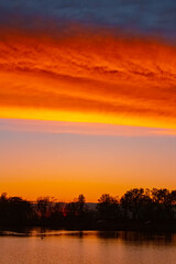 Spring sunset or sundowner view with reflections near Plattling, Isar, Deggendorf, Bavaria, Germany
