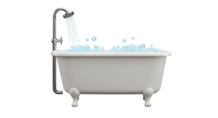 Isolated Bathtub with Bubbles and Running Shower Head
