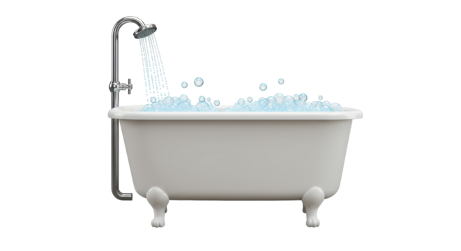 Isolated Bathtub with Bubbles and Running Shower Head