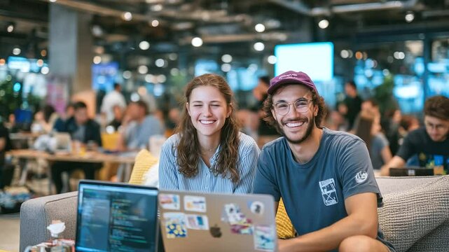Digital nomads in modern office lounge collaborate with excitement, tech gadgets, whiteboards, and snacks scattered on shared desk