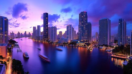 Fototapeta premium Vibrant City Skyline at Night with Reflections on Water