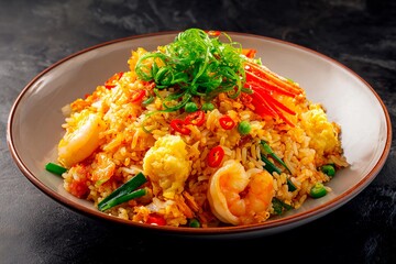 A vibrant and appetizing dish of shrimp fried rice showcases fresh shrimp, colorful vegetables, and a garnish of green onions, creating an inviting presentation