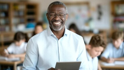 African American teacher in smart-casual attire holds digital tablet, smiles warmly at group of attentive students sitting at desks in bright classroom - Powered by Adobe