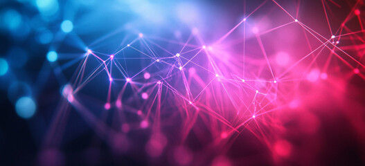 A network of connected dots and lines fades between shades of blue and pink.