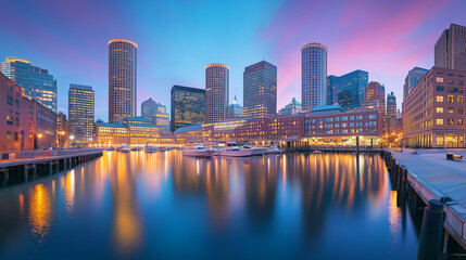 Obraz premium Vibrant City Skyline at Night with Reflections on Water