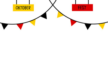 Oktoberfest Banner with German Flag Colors featuring classic Oktoberfest symbols such as beer, pretzels, sausages, hops, small flags and the typical Bavarian hat.