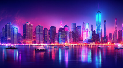 Vibrant City Skyline at Night with Reflections on Water