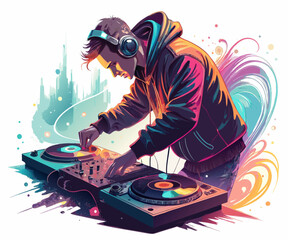vector of a DJ using turntables and audio mixer, wearing headphones, energetic pose, white background

