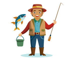 vector of a fisherman holding rod and bucket with fish, wearing boots and hat, isolated on white background
