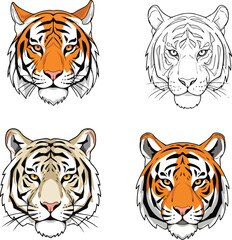 Colorful Geometric Tiger Set – Vibrant Abstract Line Art of Jungle Beasts on White Canvas