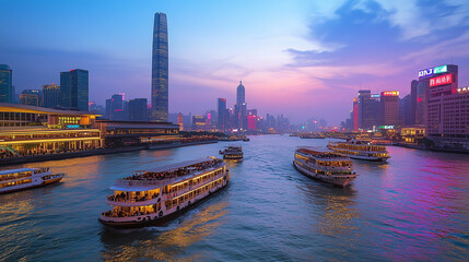 Vibrant City Skyline at Night with Reflections on Water
