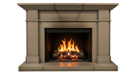Isolated Stone Fireplace with Burning Wood Logs
