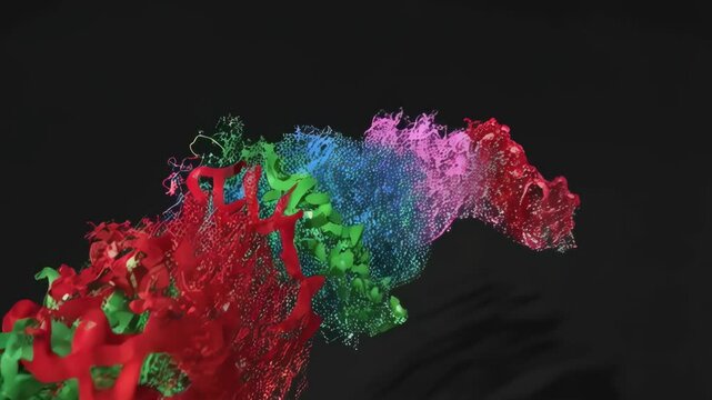 Detailed 3D rendering of protein structure with alpha helices and beta sheets with small molecule interaction, scientific visualization, medical illustration