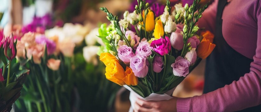 A close-up view of a florist arranging vibrant bouquets in a flower shop filled with colorful blooms, Flower shop scene, Artistic and vibrant style