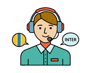 Fototapeta premium vector of a professional interpreter with headset and microphone, translating speech, white background 