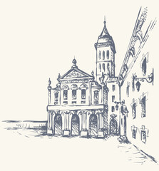 Old city street. Vector drawing