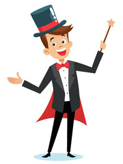 vector of a magician in tuxedo performing trick with wand and top hat, white background
