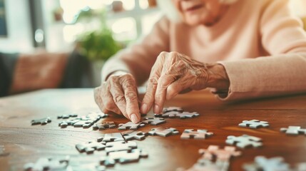 Elderly woman concentrating on solving jigsaw puzzle at wooden table, senior mental exercise and cognitive stimulation for memory care and dementia prevention.