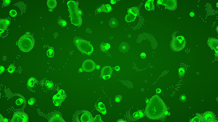 Microscopic simulation showing pathogenic bacterial colonies spreading in a dense green field, representing microbial growth patterns relevant to infection and disease pathology.