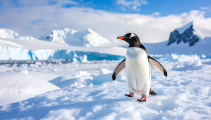 Obraz premium Adorable Penguin in Orange Flippers on Antarctic Iceberg, Bright Blue Sky