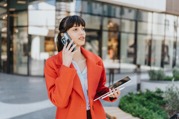 Confident young woman wearing an orange jacket engaged in a call while standing in an urban area,...