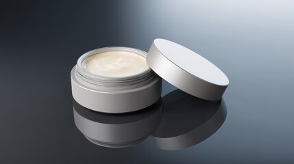 Luxurious Facial Cream in Elegant Silver Jar Open on Reflective Surface Beauty Product Skincare Mockup