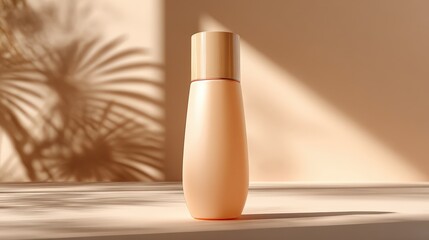 Elegant Beige Cosmetic Bottle Mockup with Soft Light and Palm Shadow