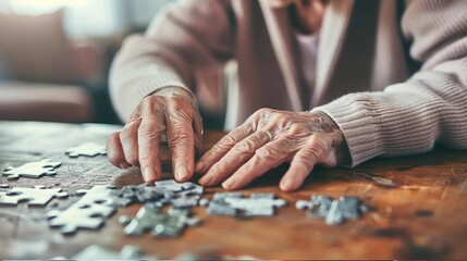 Elderly woman concentrating on solving jigsaw puzzle at wooden table, senior mental exercise and cognitive stimulation for memory care and dementia prevention.