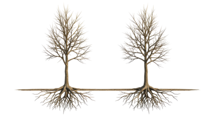 Isolated Twin Bare Trees with Intricate Root Systems and Winter Silhouette