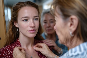 Obraz premium A young woman is being helped with her outfit by an older woman, showcasing the bond between generations and the importance of shared moments in family life.